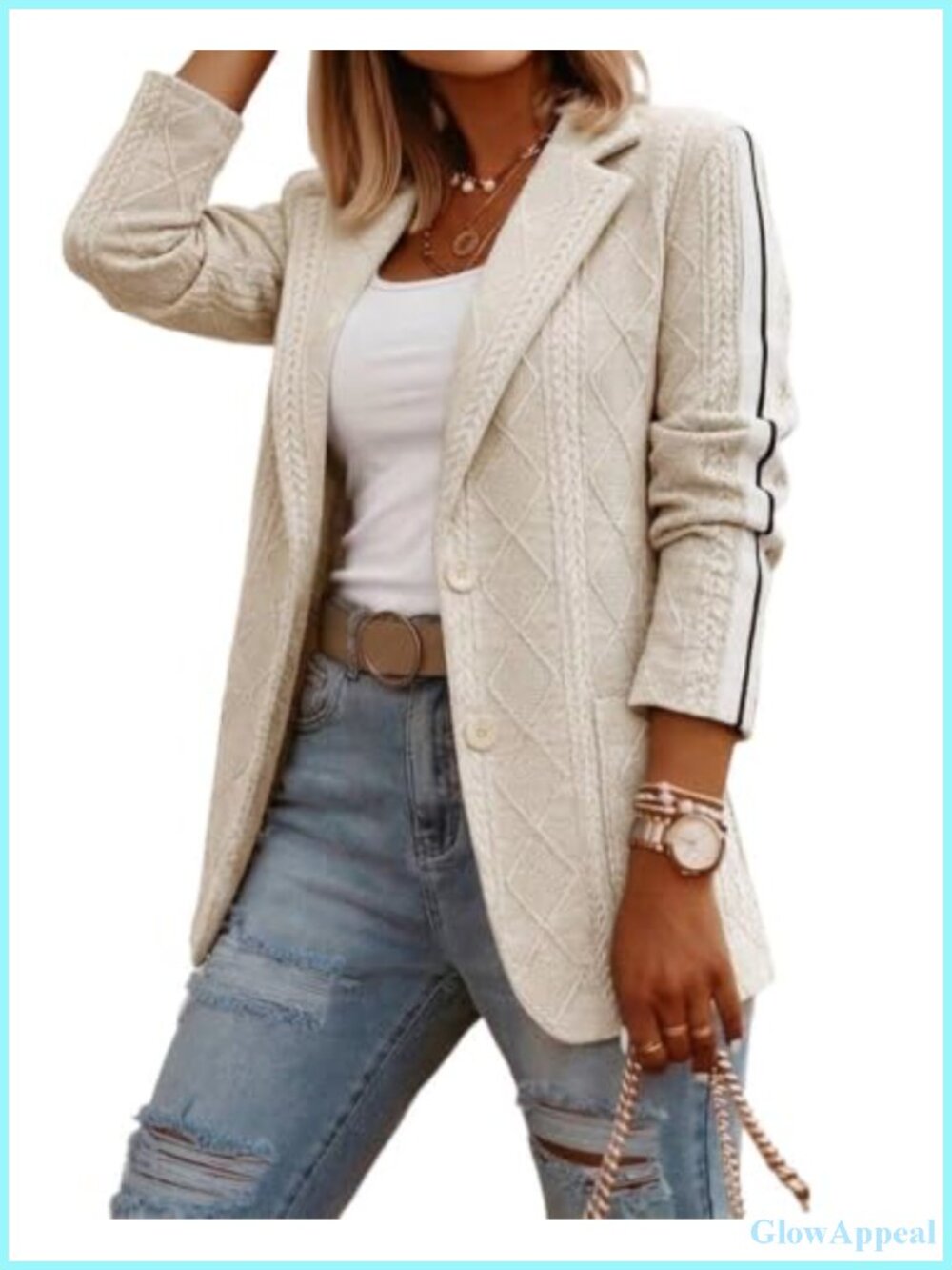 Argyle Cable Jacquard Knit Blazer Notch Lapel Work Travel